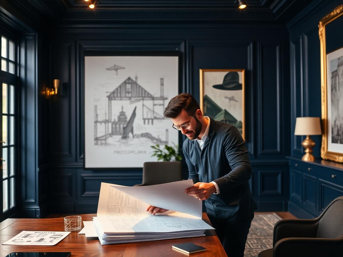 Bricksworth project manager reviewing refurbishment drawings and a cost schedule